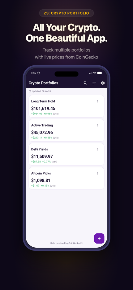Portfolio overview showing 4 portfolios with live values