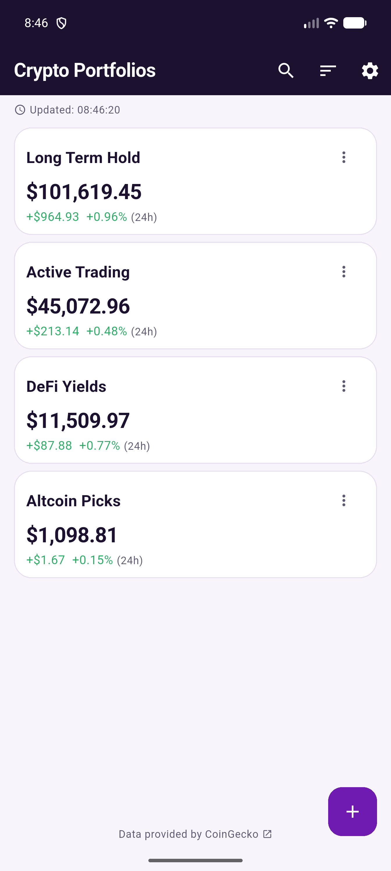 ZS Crypto Portfolio home screen showing multiple portfolios with live prices